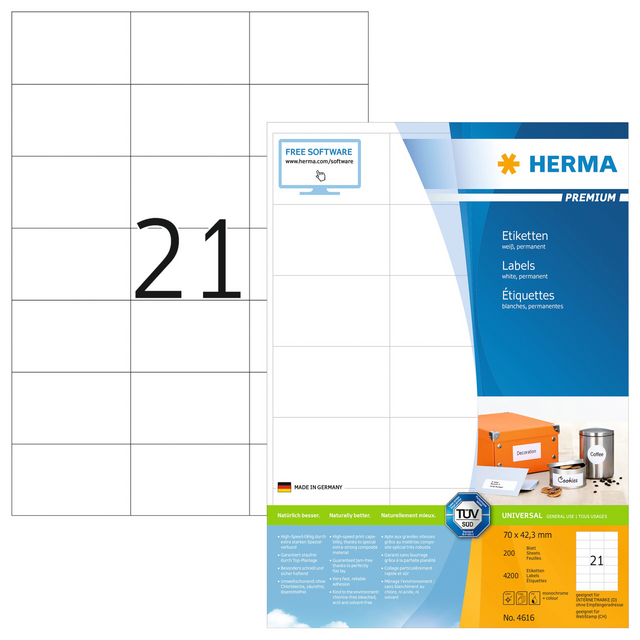 Etiket HERMA 4616 70x42.3mm premium wit 4200stuks Etiket HERMA 4616 70x42.3mm premium wit 4200stuks