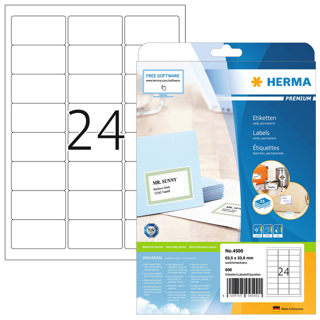 Etiket HERMA 4500 A4 63.5x33.9mm premium wit Etiket HERMA 4500 A4 63.5x33.9mm premium wit