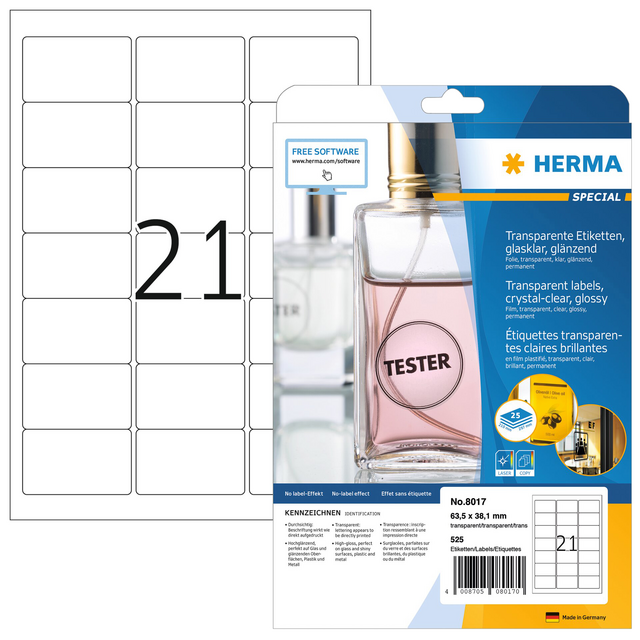 Etiket HERMA 8017 63.5x38.1mm transparant 525 etiketten Etiket HERMA 8017 63.5x38.1mm transparant 525 etiketten