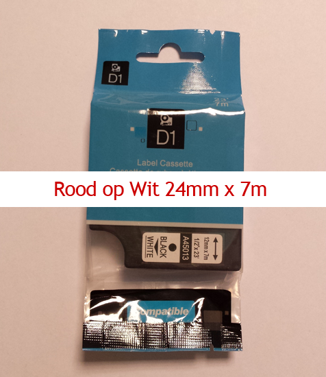 A53715 Dymo Compatibele D1 Standaard Vinyl Tape Rood op Wit 24mm A53715 Dymo Compatibele D1 Standaard Vinyl Tape Rood op Wit 24mm