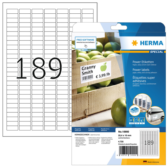 HERMA Power 10900 Label, 25.4 x 10 mm, White, 4,725 pieces HERMA Power 10900 Label, 25.4 x 10 mm, White, 4,725 pieces