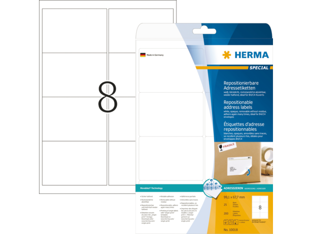 Etiket HERMA 10018 99.1X67.7MM verwijderbaar wit 200 stuks