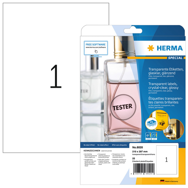 Etiket HERMA 8020 210x297mm transparant 25 etiketten Etiket HERMA 8020 210x297mm transparant 25 etiketten