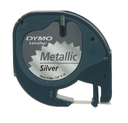 Dymo 91208 LetraTag plastic tape zwart op metallic grijs 12mm 