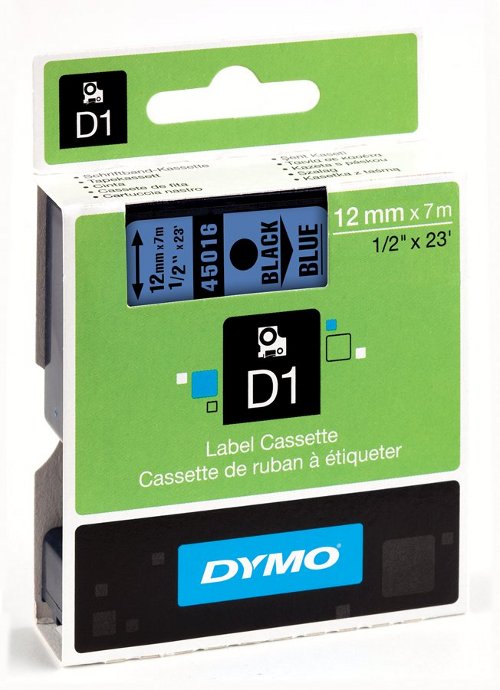 Dymo 45016 D1 Tape 12mm x 7m zwart op blauw 