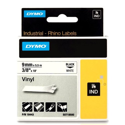 Dymo RHINO 18443 gekleurd vinyl zwart op wit 9mm breed