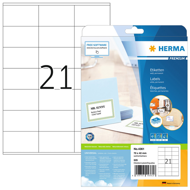 Etiket HERMA 4361 70x42mm premium wit 525stuks Etiket HERMA 4361 70x42mm premium wit 525stuks
