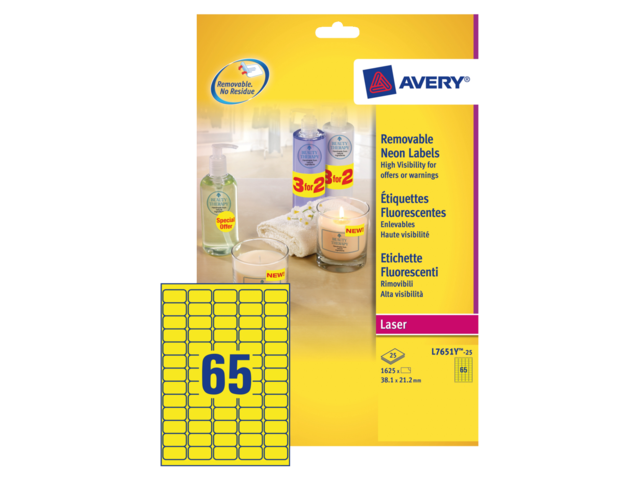 L7651Y-100 etiket avery l7651y-100 38.1x21.2mm neon geel