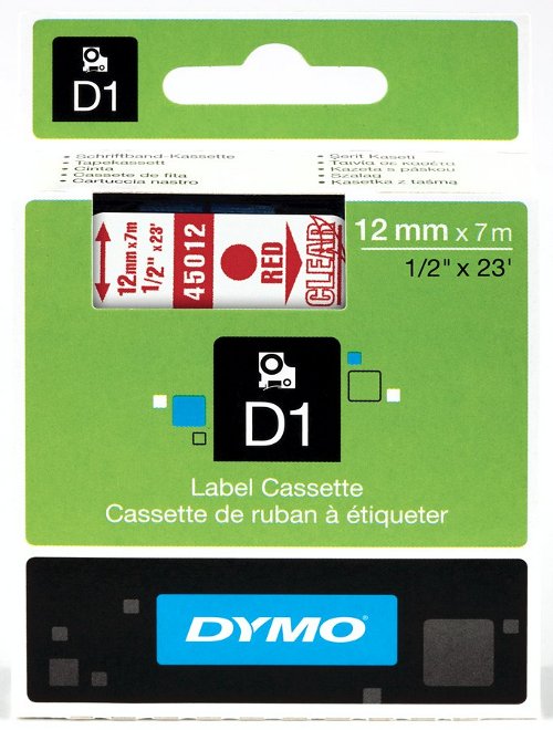 Dymo 45012 D1 Tape 12mm x 7m rood op transparant - EOL