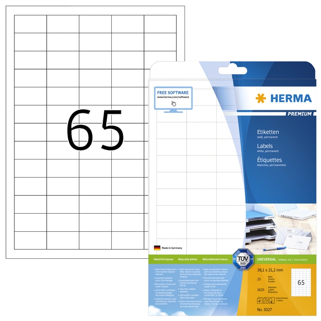 Etiket Herma 5027 A4 38.1x21.2mm premium wit Etiket Herma 5027 A4 38.1x21.2mm premium wit