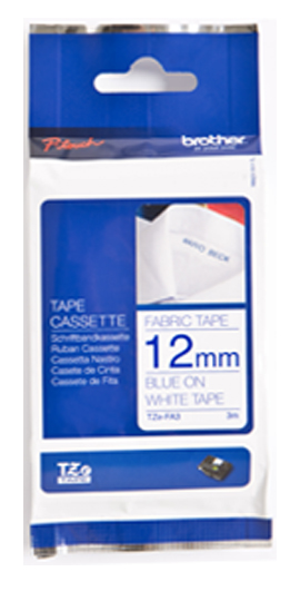 TZe-FA3 12mm Textiel tape - Blauw op Wit - opstrijkbaar TZe-FA3 12mm Textiel tape - Blauw op Wit - opstrijkbaar