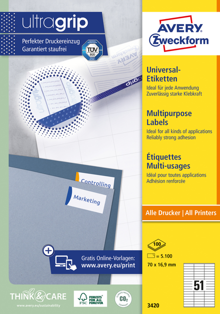 Etiket Avery Zweckform 3420 70x16.9mm wit 5100stuks Etiket Avery Zweckform 3420 70x16.9mm wit 5100stuks