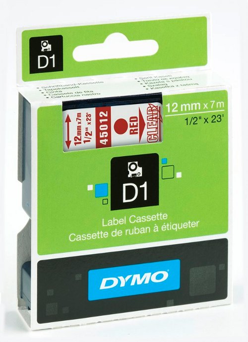 Dymo 45012 D1 Tape 12mm x 7m rood op transparant - EOL