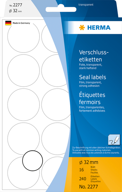 Etiket HERMA 2277 rond 32mm transparant 240stuks Etiket HERMA 2277 rond 32mm transparant 240stuks