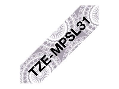 TZE-MPSL31 vinyl tape zwart op zilver kantmotief, 12mm x 4m TZE-MPSL31 vinyl tape zwart op zilver kantmotief, 12mm x 4m
