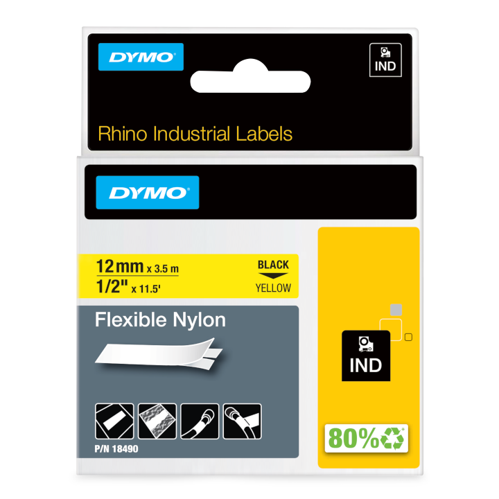 Dymo 18490 RHINO flexibele nylontape zwart op geel 12mm Dymo 18490 RHINO flexibele nylontape zwart op geel 12mm