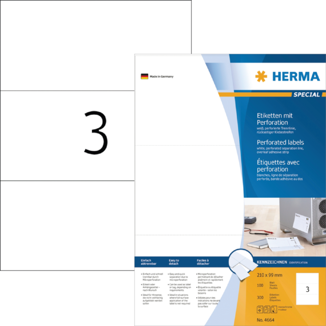 Etiket HERMA 4664 210x99mm geperforeerd wit 300stuks Etiket HERMA 4664 210x99mm geperforeerd wit 300stuks