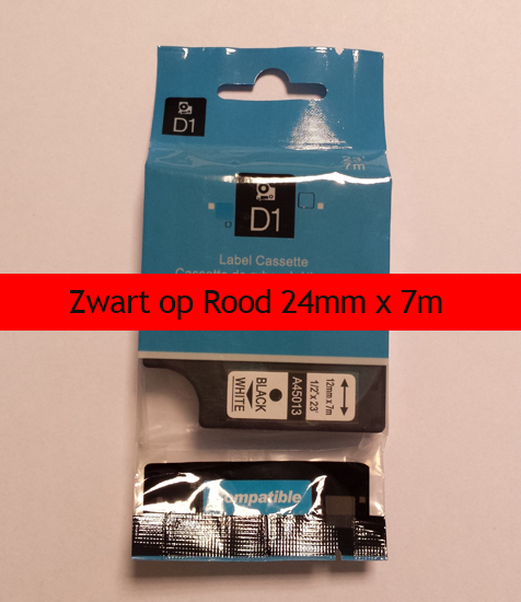 A53717 Dymo Compatibele D1 Standaard Vinyl Tape Zwart op Rood 24mm A53717 Dymo Compatibele D1 Standaard Vinyl Tape Zwart op Rood 24mm