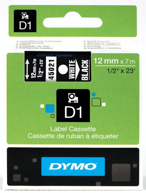 Dymo 45021 D1 Tape 12mm x 7m wit op zwart 