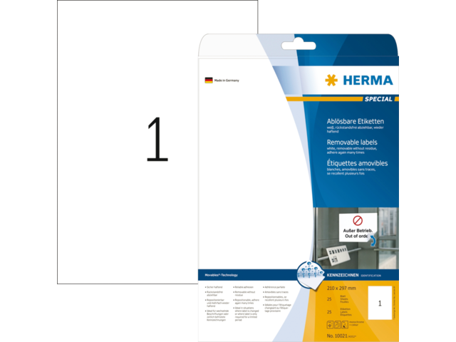 Etiket HERMA 10021 210X297MM A4 verwijderbaar wit 25 stuks