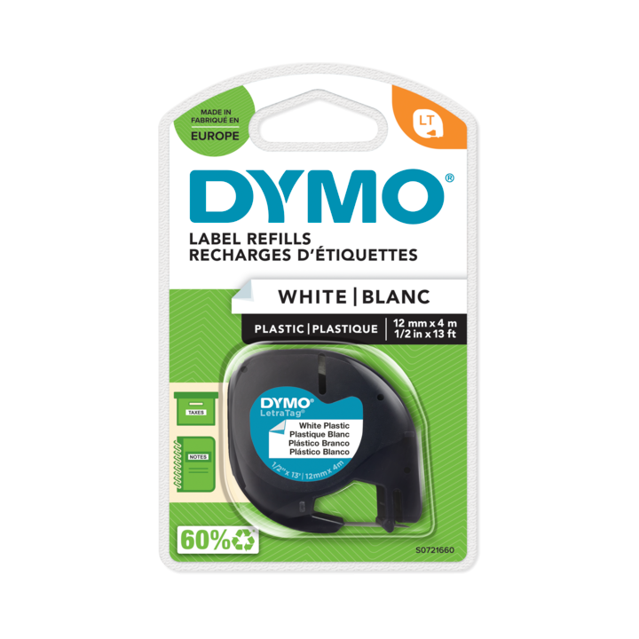 Dymo LetraTag plastic tape zwart op parelwit 12mm (91201)