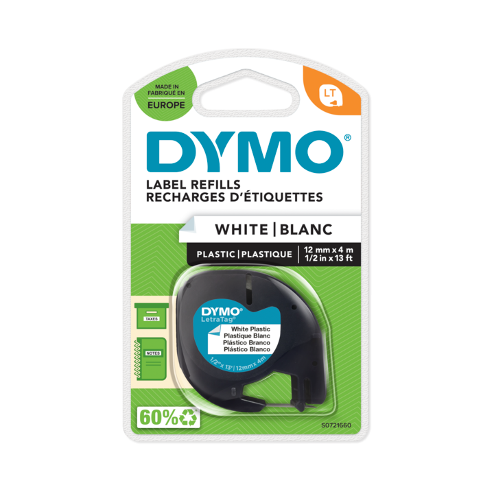 Dymo LetraTag plastic tape zwart op parelwit 12mm Dymo LetraTag plastic tape zwart op parelwit 12mm