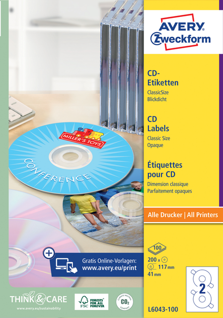 Avery L6043-100 CD Label, White, 200 pieces