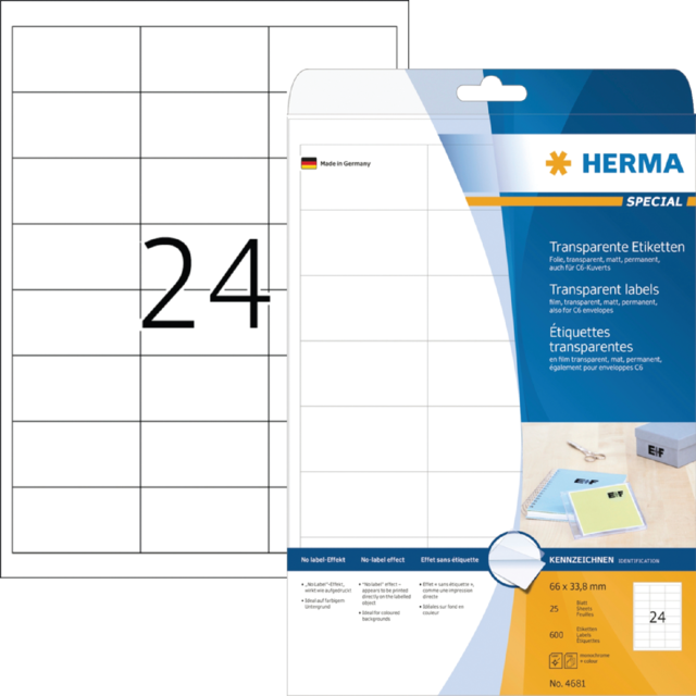 Etiket HERMA 4681 66x33.8mm transparant 600stuks Etiket HERMA 4681 66x33.8mm transparant 600stuks