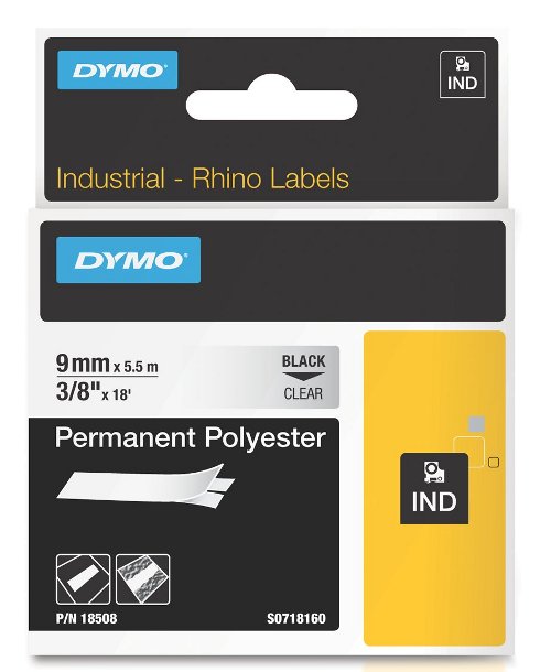 Dymo RHINO 18508 Permanente Polyester Tape zwart op transparant 9mm - EOL