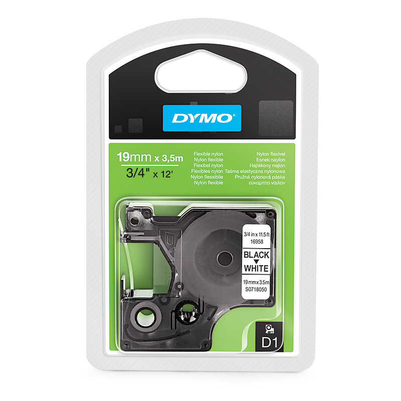 Dymo 16958 D1 Flexibele Nylon Tape 19mm zwart op wit