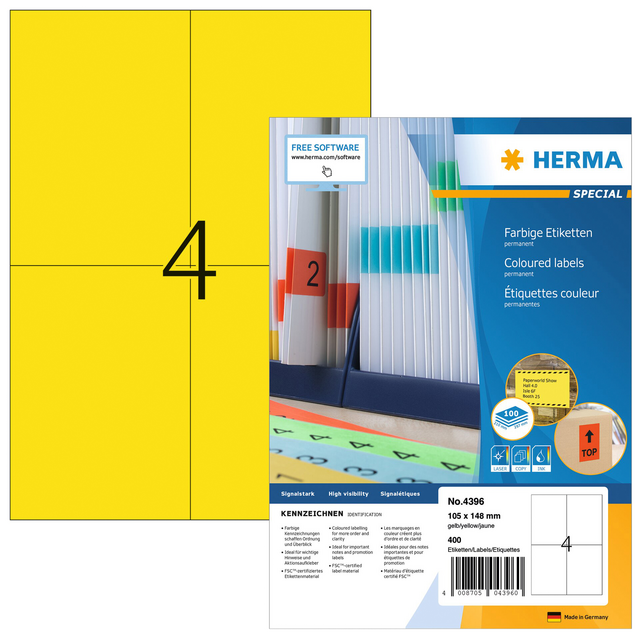 Etiket HERMA 4396 105x148mm A6 geel 400stuks Etiket HERMA 4396 105x148mm A6 geel 400stuks