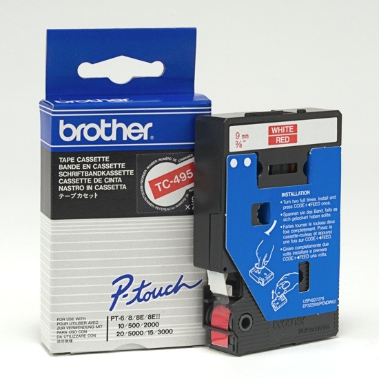 Brother TC-495 Tape Wit op rood, 9mm.