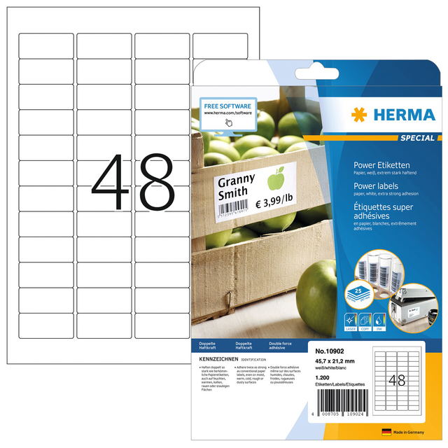 Etiket HERMA Power 10902 45.7x21.2mm wit 1200stuks Etiket HERMA Power 10902 45.7x21.2mm wit 1200stuks