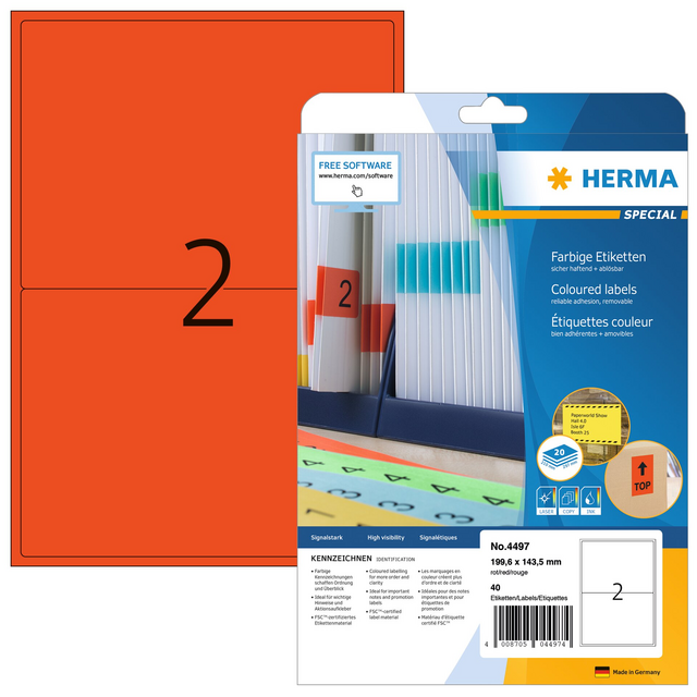 HERMA 4497 Label, 199.6 x 143.5 mm, Removable, Red, 40 pieces HERMA 4497 Label, 199.6 x 143.5 mm, Removable, Red, 40 pieces