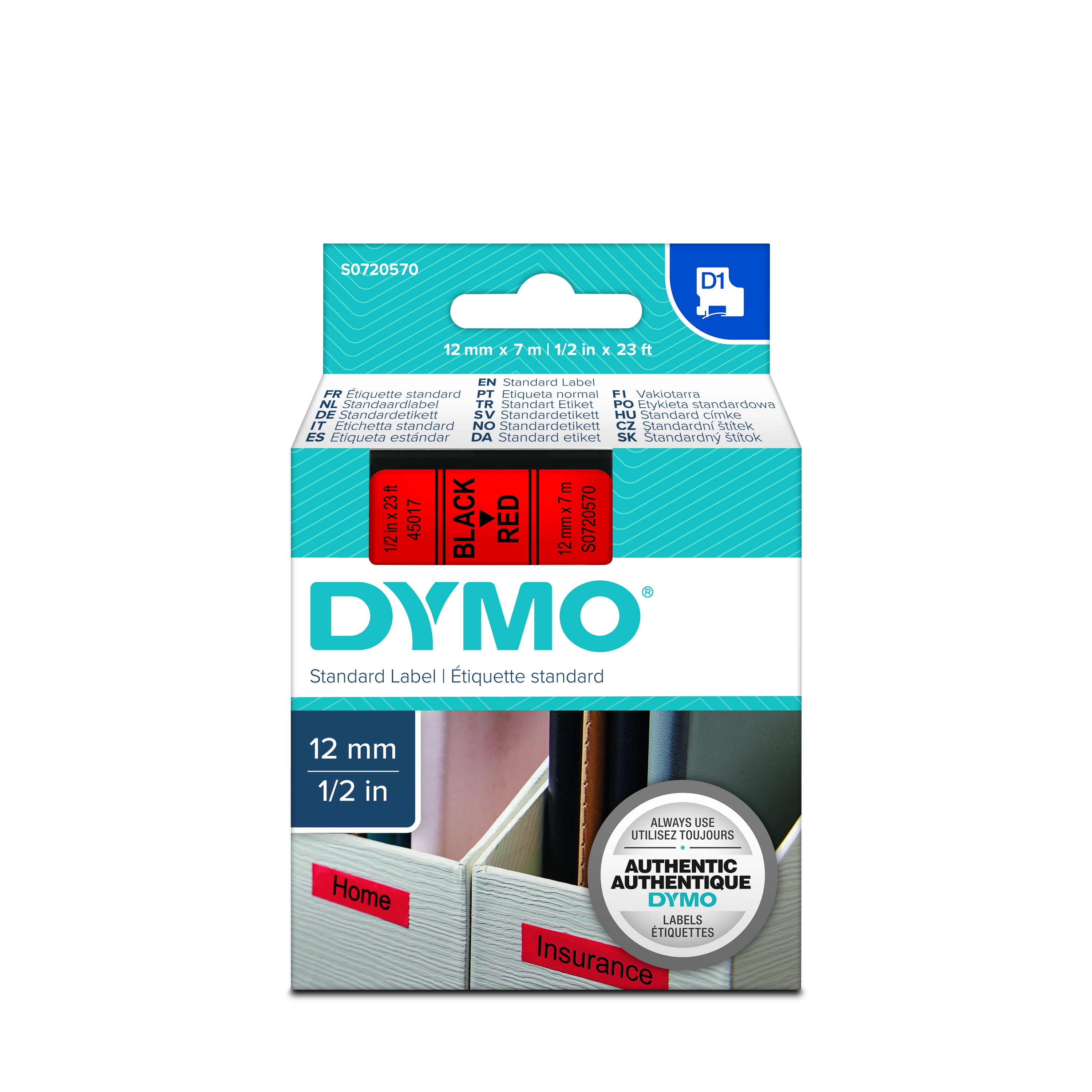 Dymo 45017 D1 Tape 12mm x 7m zwart op rood 