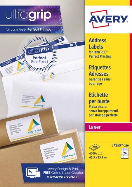 Etiket Avery L7159-250 63.5x33.9mm wit 6000 etiketten Etiket Avery L7159-250 63.5x33.9mm wit 6000 etiketten