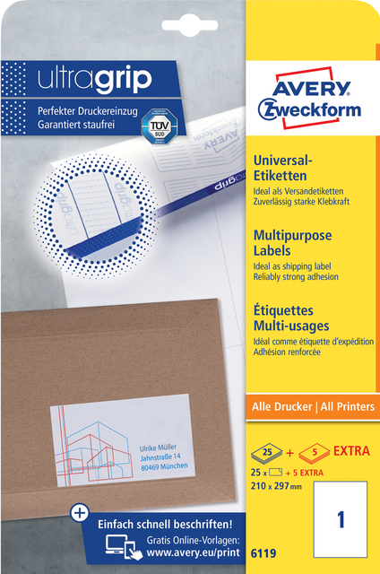 Etiket Avery Zweckform 6119 210x297mm A4 wit 25stuks Etiket Avery Zweckform 6119 210x297mm A4 wit 25stuks