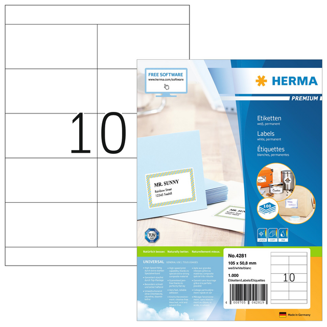 HERMA 4281 Label, 105 x 50.8 mm, Premium White, 1,000 pieces HERMA 4281 Label, 105 x 50.8 mm, Premium White, 1,000 pieces