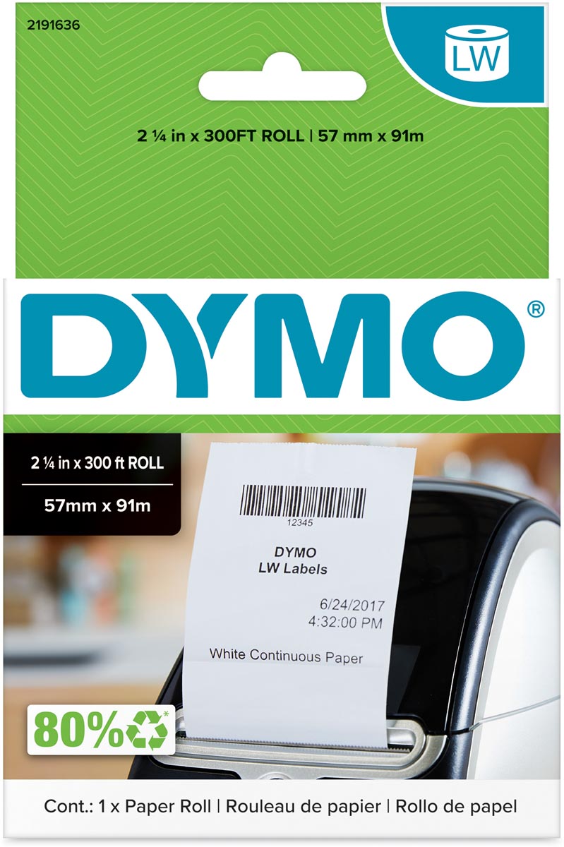 Dymo 2191636 doorlopend papier 57mm x 91m, niet-klevend