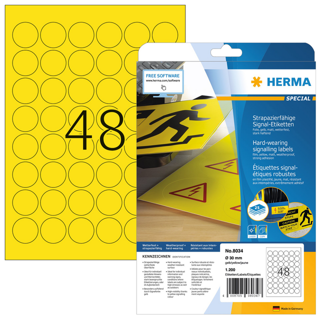 Etiket HERMA 8034 30mm rond weerbestendig geel 1200stuks Etiket HERMA 8034 30mm rond weerbestendig geel 1200stuks
