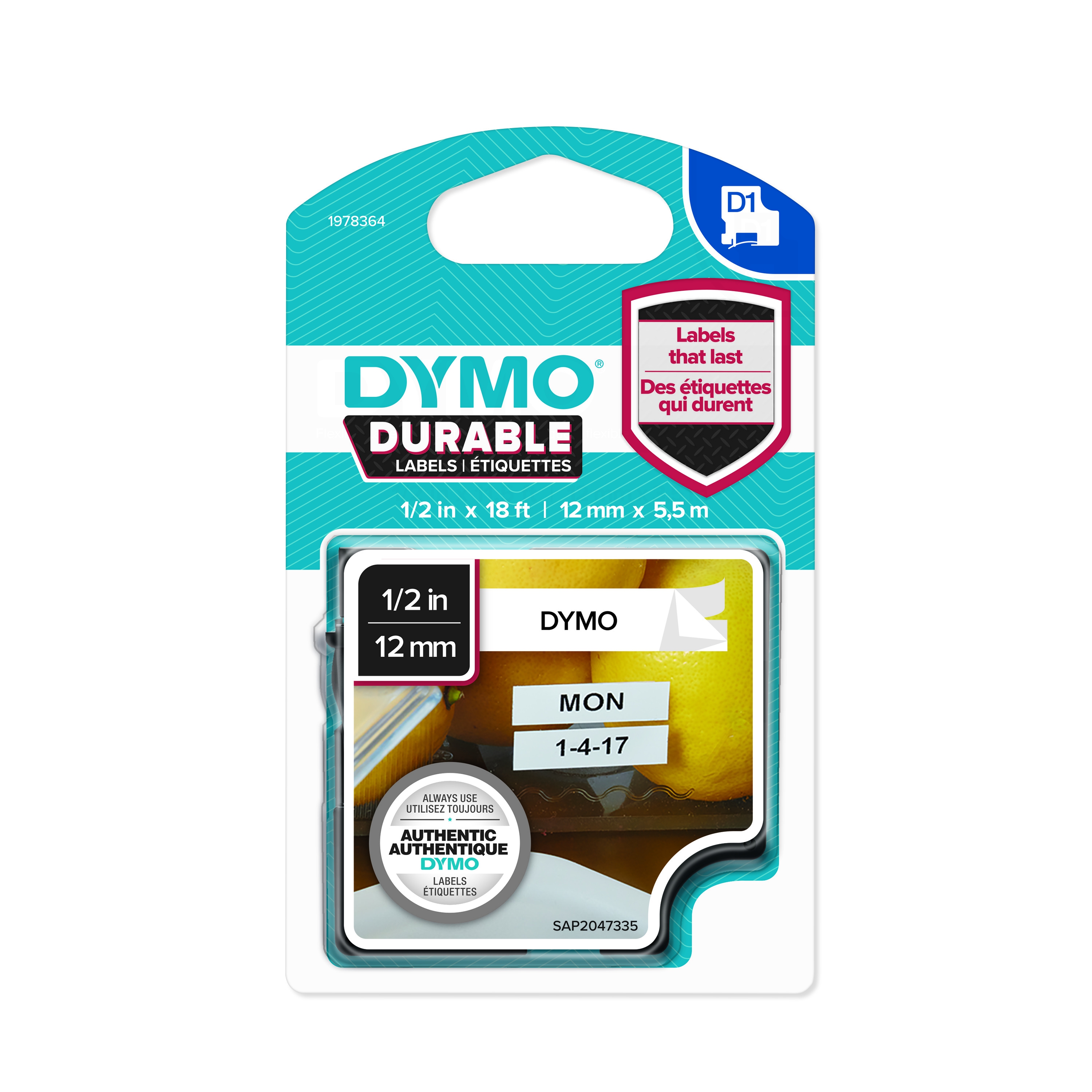 Dymo 1978364 duurzame D1 tape zwart op wit 12mm