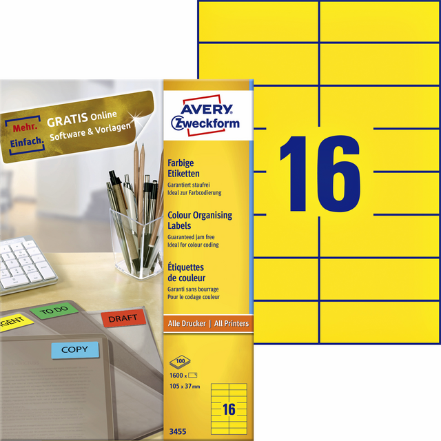 Etiket Avery Zweckform 3455 105x37mm geel 1600stuks Etiket Avery Zweckform 3455 105x37mm geel 1600stuks