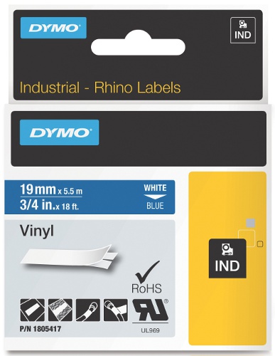 Dymo RHINO 1805417 vinyl wit op blauw 19mm