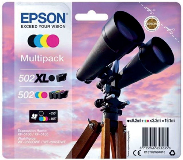 Inktcartridge Epson 502XL 502 T02W9 zwart + 3 kleuren Inktcartridge Epson 502XL 502 T02W9 zwart + 3 kleuren