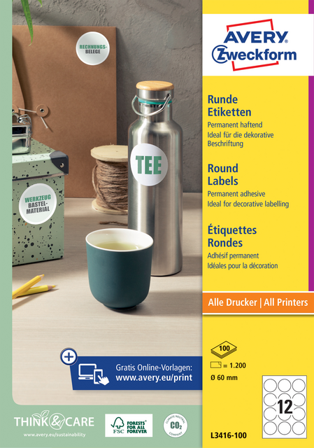 Etiket Avery Zweckform L3416 rond 60mm wit 1200stuks Etiket Avery Zweckform L3416 rond 60mm wit 1200stuks