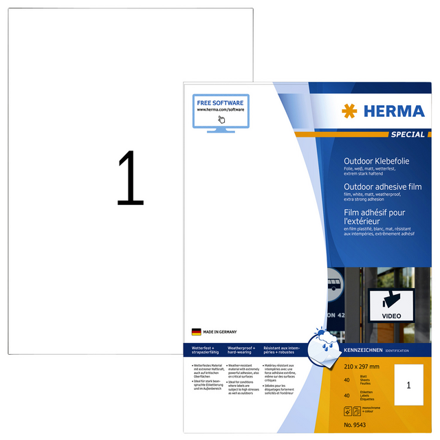 9543 etiket herma 9543 210x297mm a4 polyester 40st wit