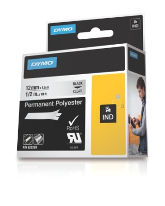 Dymo 622289 RHINO permanent polyester zwart op transparant 12mm