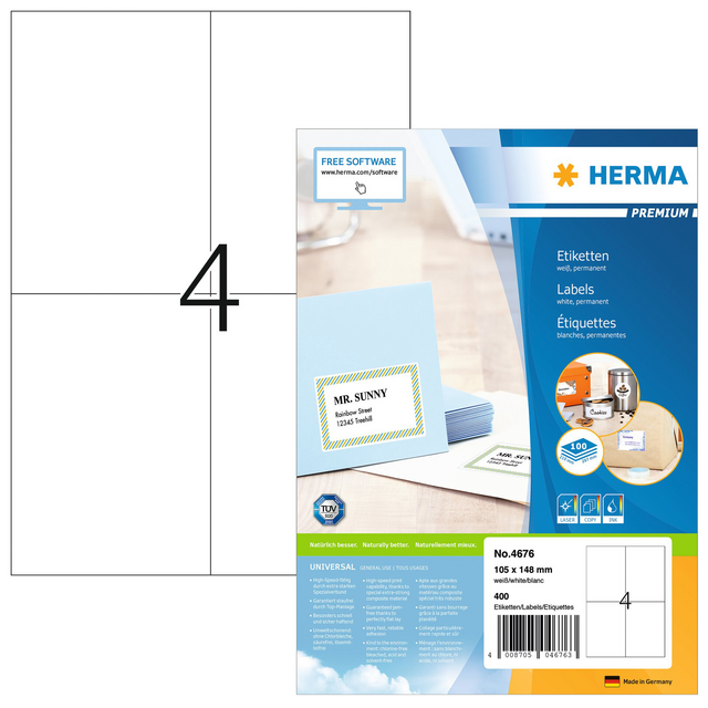 Etiket HERMA 4676 105x148mm A6 premium wit 400stuks Etiket HERMA 4676 105x148mm A6 premium wit 400stuks