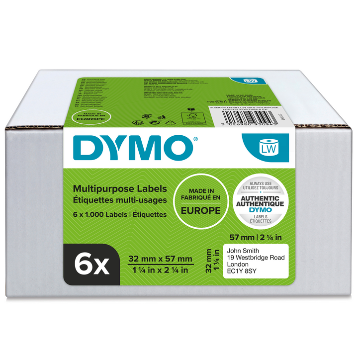 Dymo 2093094 etiket 11354, 6-pack 32x57mm wit papier, verwijderbaar