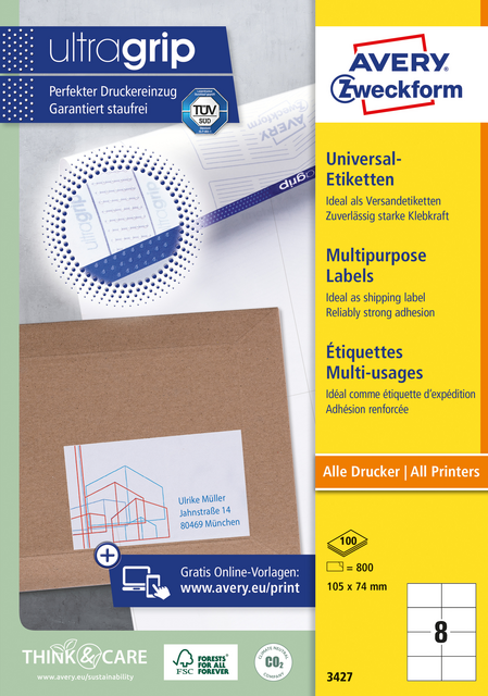 Etiket Avery Zweckform 3427 105x74mm wit 800stuks Etiket Avery Zweckform 3427 105x74mm wit 800stuks